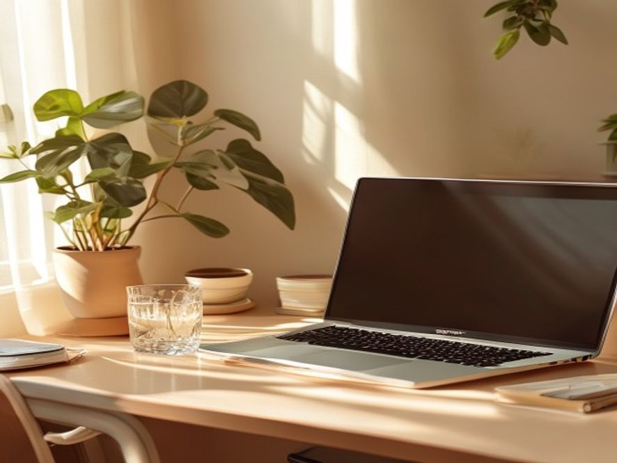 Minimalist desk setup with a laptop, water bottle, and plant, showing an organised and balanced workspace